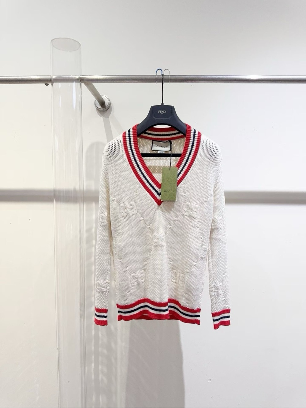 Gucci Ivory Knit Sweater with Red & Black Stripe Trim